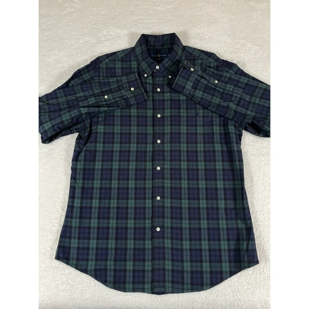 Polo Ralph Lauren Slim Fit Blue Green Plaid Cotton‎ L/S Btn Dwn Shirt Men's XL